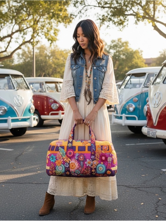 Handbags - Retro Boho Hippie Van Quilted Duffle Bag Weekender Travel Floral Gym Tote